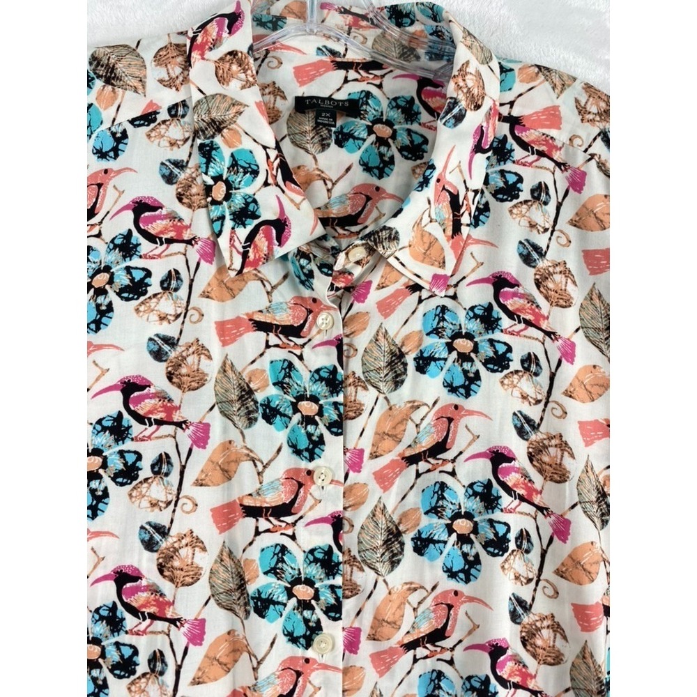 2/$30 Talbots Shirt Women Sz 2X Floral Bird Print Audobon Long Sleeve